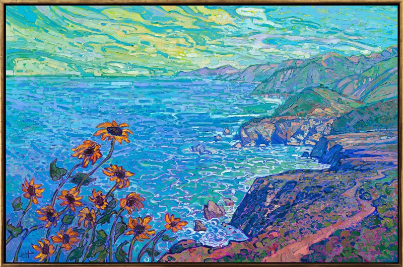 California's Highway 1 is a must-drive for anyone who loves colorful landscapes. The turquoise and blue waters are accented with white foam, and the steep cliffs create layers of contrasting color stretching into the distance. This painting captures the grand view with thick, impressionistic brush strokes.</p><p>"Coastal Sunflowers" is an original oil painting on stretched canvas. The piece arrives in a contemporary gold floater frame finished in 23kt burnished gold leaf.