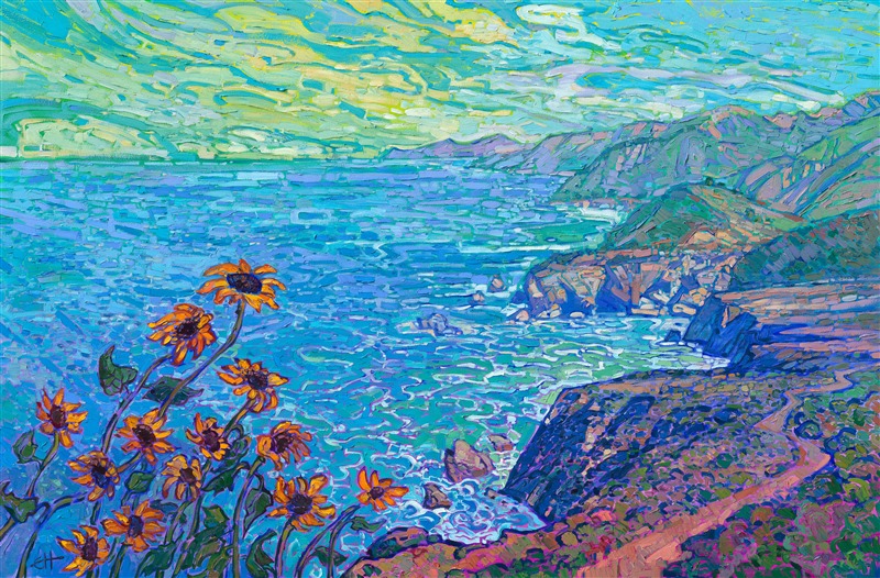 California's Highway 1 is a must-drive for anyone who loves colorful landscapes. The turquoise and blue waters are accented with white foam, and the steep cliffs create layers of contrasting color stretching into the distance. This painting captures the grand view with thick, impressionistic brush strokes.</p><p>"Coastal Sunflowers" is an original oil painting on stretched canvas. The piece arrives in a contemporary gold floater frame finished in 23kt burnished gold leaf.