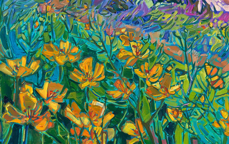 A sandy bluff covered in poppies overlooks this coastal panorama. Highway 1 provides endless inspiration for colorful coastal landscapes, from Cannon Beach to Cambria. This painting captures the vibrant colors of spring with thick, expressive brush strokes and vivid hues of yellow, blue, and turquoise.</p><p>"Coastal Visions" is an original oil painting by Erin Hanson, created on stretched canvas. The piece arrives framed in a contemporary gold floater frame finished in 23kt gold leaf and dark sides.