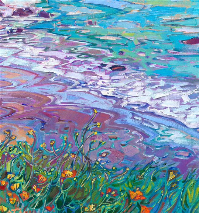 A sandy bluff covered in poppies overlooks this coastal panorama. Highway 1 provides endless inspiration for colorful coastal landscapes, from Cannon Beach to Cambria. This painting captures the vibrant colors of spring with thick, expressive brush strokes and vivid hues of yellow, blue, and turquoise.</p><p>"Coastal Visions" is an original oil painting by Erin Hanson, created on stretched canvas. The piece arrives framed in a contemporary gold floater frame finished in 23kt gold leaf and dark sides.