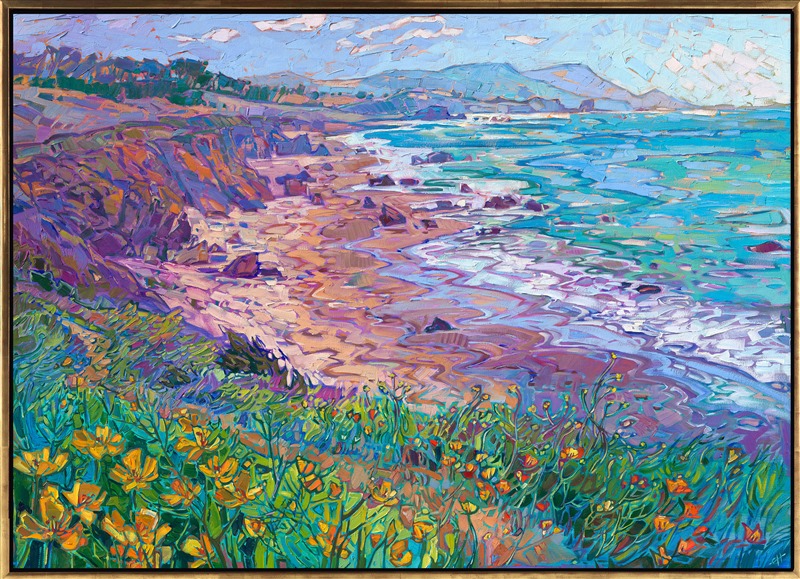 A sandy bluff covered in poppies overlooks this coastal panorama. Highway 1 provides endless inspiration for colorful coastal landscapes, from Cannon Beach to Cambria. This painting captures the vibrant colors of spring with thick, expressive brush strokes and vivid hues of yellow, blue, and turquoise.</p><p>"Coastal Visions" is an original oil painting by Erin Hanson, created on stretched canvas. The piece arrives framed in a contemporary gold floater frame finished in 23kt gold leaf and dark sides.