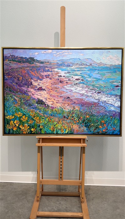 A sandy bluff covered in poppies overlooks this coastal panorama. Highway 1 provides endless inspiration for colorful coastal landscapes, from Cannon Beach to Cambria. This painting captures the vibrant colors of spring with thick, expressive brush strokes and vivid hues of yellow, blue, and turquoise.</p><p>"Coastal Visions" is an original oil painting by Erin Hanson, created on stretched canvas. The piece arrives framed in a contemporary gold floater frame finished in 23kt gold leaf and dark sides.