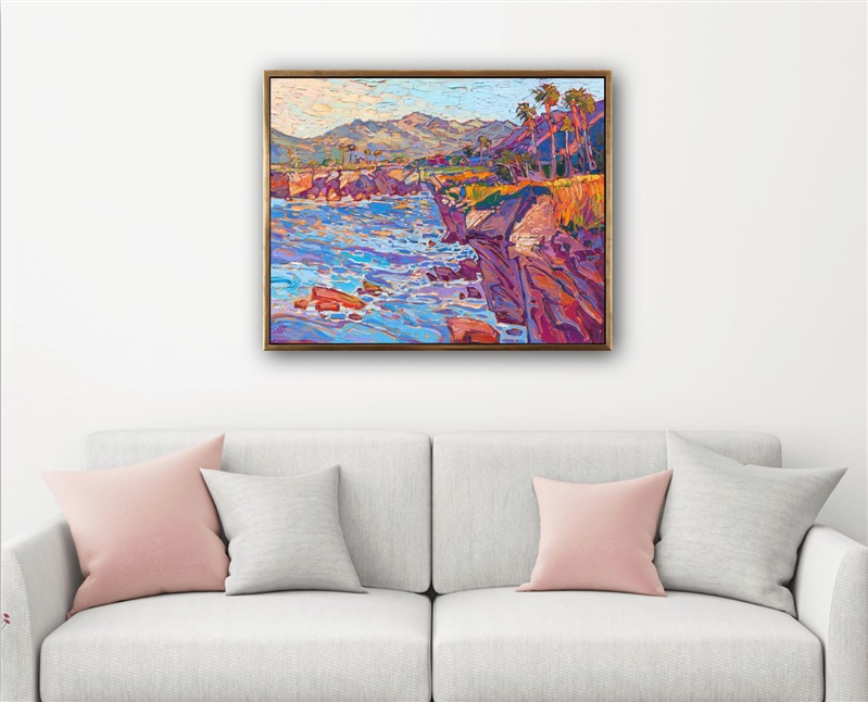 The coastline near Santa Barbara is lined with palm trees silhouetted against the nearby coastal mountain range. The colorful cliffs fall steeply into the swirling waters below. The scene is captured with loose, impressionistic brush strokes.</p><p>"Coastal Vista II" was created on 1-1/2" deep canvas, and the painting arrives framed in a contemporary gold floater frame, ready to hang.</p><p>Exhibited at the Santa Paula Art Museum for Erin's <a href="https://www.erinhansonprints.com/Event/CaliforniaImpressionismatSantaPaulaMuseum" target="_blank"><i>Colors of California</a></i> solo exhibition, 2021.