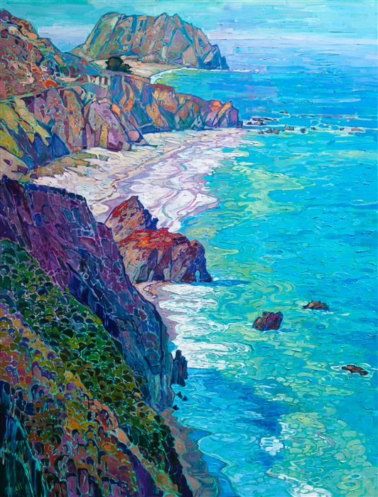 Driving high on the coastal cliffs of central California, you can see the wide vista spreading out beneath you, the rocky shoreline catching the early morning light and casting long blue shadows across the aqua-blue ocean. This large painting captures the magnificent expanse of this vista, the thickly applied brush strokes creating a mosaic dance of color across the canvas.</p><p>"Coastal Vista" was created on 1-1/2" canvas, with the painting continued around the edges of the canvas. The piece has been framed in a hand-carved, open impressionist frame.