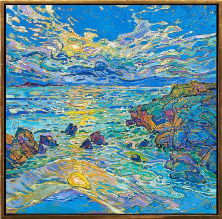Hints of yellow make the color blue come alive in this painting of Pebble Beach, California. The thick, impressionistic brush strokes create a medley of color and texture across the canvas. Hanson employs separated brush strokes to create a stained glass effect in her Open Impresisonism paintings.</p><p>"Coastal in Blue" is an original oil painting on stretched canvas, framed in a gold floating frame. The piece will be displayed at Erin Hanson's solo museum show <i><a href="https://www.erinhanson.com/Event/AlchemistofColor" target="_blank">Erin Hanson: Alchemist of Color</i></a> at the Channel Islands Maritime Museum in Oxnard, California. You may purchase this painting now, but the piece will not be delivered until after the show ends on December 28th, 2023.