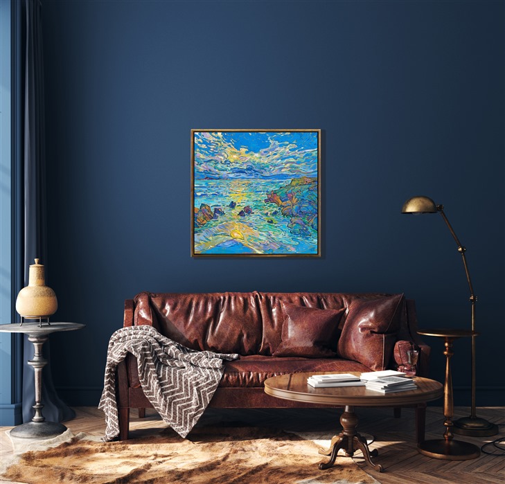 Hints of yellow make the color blue come alive in this painting of Pebble Beach, California. The thick, impressionistic brush strokes create a medley of color and texture across the canvas. Hanson employs separated brush strokes to create a stained glass effect in her Open Impresisonism paintings.</p><p>"Coastal in Blue" is an original oil painting on stretched canvas, framed in a gold floating frame. The piece will be displayed at Erin Hanson's solo museum show <i><a href="https://www.erinhanson.com/Event/AlchemistofColor" target="_blank">Erin Hanson: Alchemist of Color</i></a> at the Channel Islands Maritime Museum in Oxnard, California. You may purchase this painting now, but the piece will not be delivered until after the show ends on December 28th, 2023.