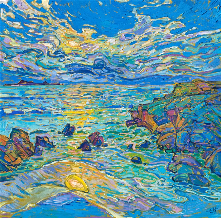 Hints of yellow make the color blue come alive in this painting of Pebble Beach, California. The thick, impressionistic brush strokes create a medley of color and texture across the canvas. Hanson employs separated brush strokes to create a stained glass effect in her Open Impresisonism paintings.</p><p>"Coastal in Blue" is an original oil painting on stretched canvas, framed in a gold floating frame. The piece will be displayed at Erin Hanson's solo museum show <i><a href="https://www.erinhanson.com/Event/AlchemistofColor" target="_blank">Erin Hanson: Alchemist of Color</i></a> at the Channel Islands Maritime Museum in Oxnard, California. You may purchase this painting now, but the piece will not be delivered until after the show ends on December 28th, 2023.