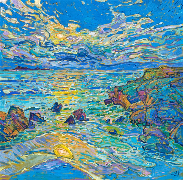 Hints of yellow make the color blue come alive in this painting of Pebble Beach, California. The thick, impressionistic brush strokes create a medley of color and texture across the canvas. Hanson employs separated brush strokes to create a stained glass effect in her Open Impresisonism paintings.

"Coastal in Blue" was displayed at Erin Hanson's solo museum show <i><a href="https://www.erinhanson.com/Event/AlchemistofColor" target="_blank">Erin Hanson: Alchemist of Color</i></a> at the Channel Islands Maritime Museum in Oxnard, California. 

This painting is being sold on consignment.
