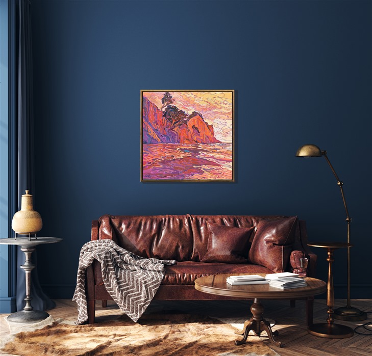 Created with a limited palette to accentuate the hues of orange, this painting of Loon Point captures the beauty of the Santa Barbara coastline with impressionistic brush strokes and expressive texture. </p><p>"Coastal in Orange" is an original oil painting on stretched canvas, framed in a gold floating frame. The piece will be displayed at Erin Hanson's solo museum show <i><a href="https://www.erinhanson.com/Event/AlchemistofColor" target="_blank">Erin Hanson: Alchemist of Color</i></a> at the Channel Islands Maritime Museum in Oxnard, California. You may purchase this painting now, but the piece will not be delivered until after the show ends on December 28th, 2023.