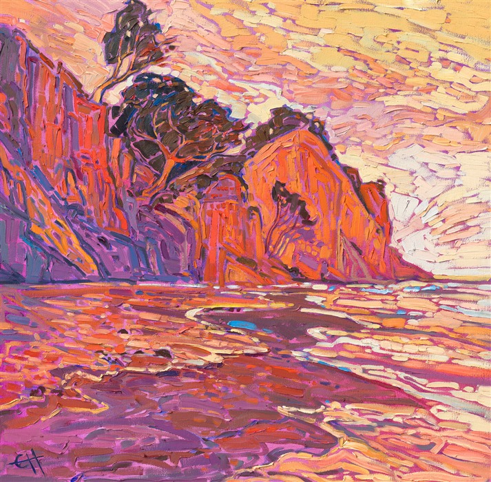 Created with a limited palette to accentuate the hues of orange, this painting of Loon Point captures the beauty of the Santa Barbara coastline with impressionistic brush strokes and expressive texture. </p><p>"Coastal in Orange" is an original oil painting on stretched canvas, framed in a gold floating frame. The piece will be displayed at Erin Hanson's solo museum show <i><a href="https://www.erinhanson.com/Event/AlchemistofColor" target="_blank">Erin Hanson: Alchemist of Color</i></a> at the Channel Islands Maritime Museum in Oxnard, California. You may purchase this painting now, but the piece will not be delivered until after the show ends on December 28th, 2023.