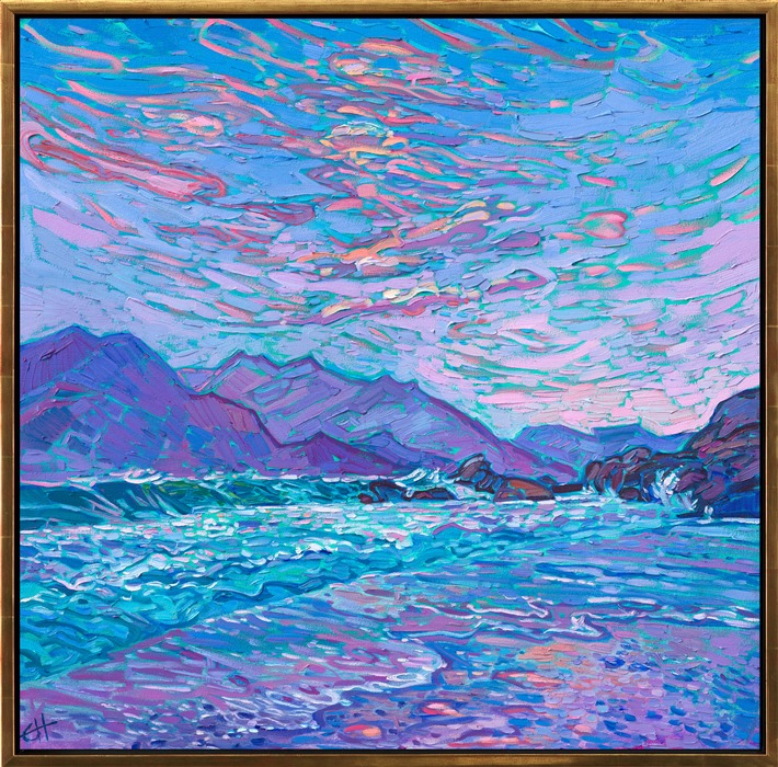 Alchemist of Color Erin Hanson paints the northern California coastline near the Golden Gate Bridge in a limited palette of ultramarine violet, phthalo blue, and magenta. Thick brush strokes capture the impressions of movement and light glittering off the changing waves.</p><p>"Coastal in Purple" is an original oil painting on stretched canvas, framed in a gold floating frame. The piece will be displayed at Erin Hanson's solo museum show <i><a href="https://www.erinhanson.com/Event/AlchemistofColor" target="_blank">Erin Hanson: Alchemist of Color</i></a> at the Channel Islands Maritime Museum in Oxnard, California. You may purchase this painting now, but the piece will not be delivered until after the show ends on December 28th, 2023.