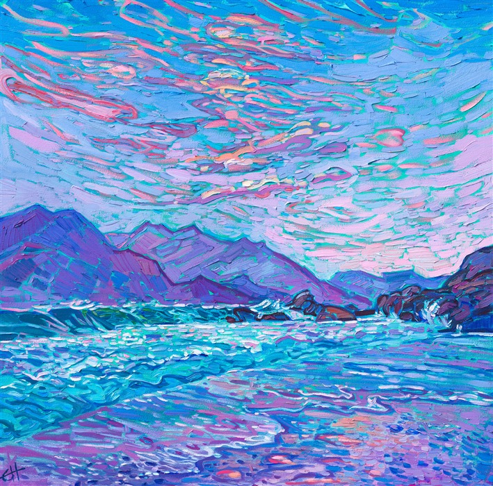 Alchemist of Color Erin Hanson paints the northern California coastline near the Golden Gate Bridge in a limited palette of ultramarine violet, phthalo blue, and magenta. Thick brush strokes capture the impressions of movement and light glittering off the changing waves.</p><p>"Coastal in Purple" is an original oil painting on stretched canvas, framed in a gold floating frame. The piece will be displayed at Erin Hanson's solo museum show <i><a href="https://www.erinhanson.com/Event/AlchemistofColor" target="_blank">Erin Hanson: Alchemist of Color</i></a> at the Channel Islands Maritime Museum in Oxnard, California. You may purchase this painting now, but the piece will not be delivered until after the show ends on December 28th, 2023.