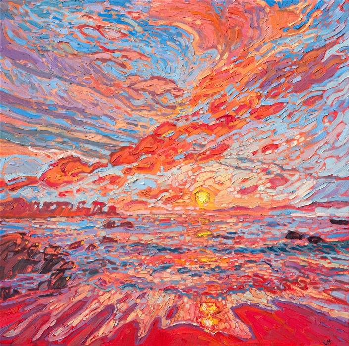 Created with a limited palette to accentuate the colors of sunset, this painting of the Monterey peninsula combines the pigments of cadmium red and phthalo blue to create a delicate dance of color across the canvas. Thick brush strokes add a sense of movement and rhythm, keeping the eye moving through the painting.</p><p>"Color Reflections" is an original oil painting on stretched canvas, framed in a gold floating frame.