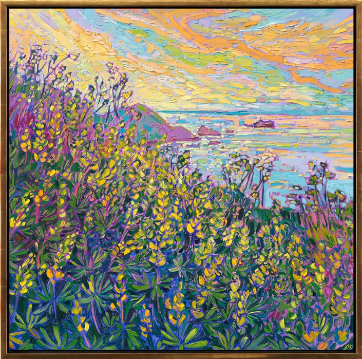 Yellow lupin burst with sunshine color in front of a dramatic vista of California's Highway 1. This painting celebrates the color yellow with impasto brushstrokes and expressive movement of paint.</p><p>"Coastal in Yellow" is an original oil painting on stretched canvas, framed in a gold floating frame. The piece will be displayed at Erin Hanson's solo museum show <i><a href="https://www.erinhanson.com/Event/AlchemistofColor" target="_blank">Erin Hanson: Alchemist of Color</i></a> at the Channel Islands Maritime Museum in Oxnard, California. You may purchase this painting now, but the piece will not be delivered until after the show ends on December 28th, 2023.