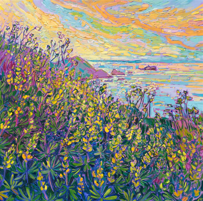 Yellow lupin burst with sunshine color in front of a dramatic vista of California's Highway 1. This painting celebrates the color yellow with impasto brushstrokes and expressive movement of paint.

"Coastal in Yellow" is an original oil painting on stretched canvas, framed in a gold floating frame. The piece will be displayed at Erin Hanson's solo museum show <i><a href="https://www.erinhanson.com/Event/AlchemistofColor" target="_blank">Erin Hanson: Alchemist of Color</i></a> at the Channel Islands Maritime Museum in Oxnard, California. You may purchase this painting now, but the piece will not be delivered until after the show ends on December 28th, 2023.