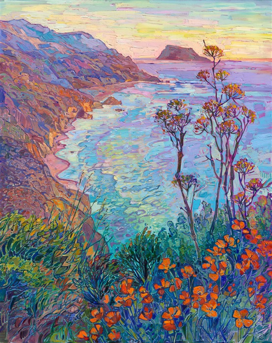Thick brushstrokes of bold, impressionistic color fill this large canvas with the colors of California—aqua blue, royal lavender, burgundy, and taupe. California poppies and yellow mustard plants bloom in the foreground, creating a sense of depth and atmosphere in the painting. 