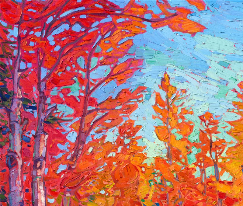 Southern Utah is famous for its stunning aspen color, and my favorite place to view the fiery hues of autumn is Cedar Breaks National Monument, near Zion National Park. This painting captures a hiking trail through the aspen groves, sparkling coins of gold and orange everywhere around you. Thick brush strokes of impasto oil paint cover the canvas in a mosaic of color and texture.</p><p>"Coins of Gold" is an original oil painting on gallery-depth stretched canvas. The piece arrives framed in a custom floater frame finished in dark pebbled sides and 23kt gold leaf face.
