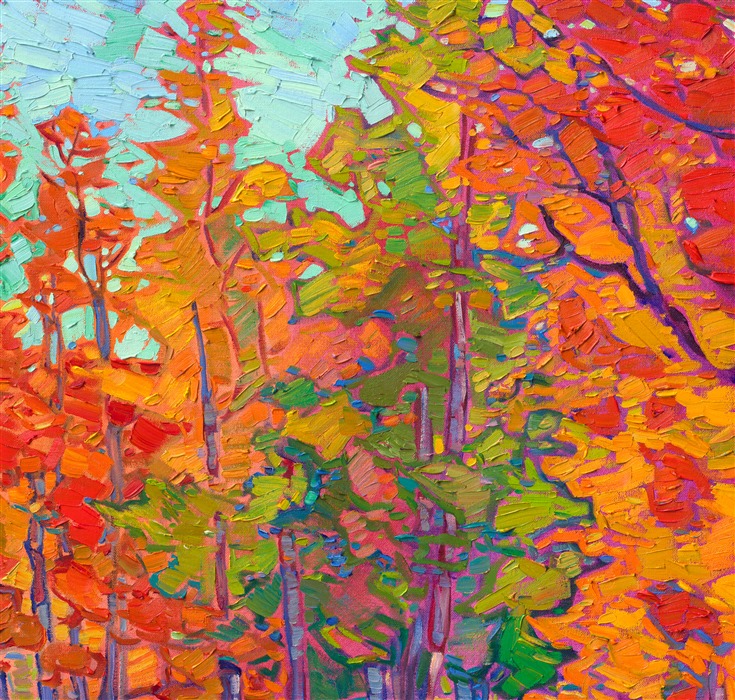 Southern Utah is famous for its stunning aspen color, and my favorite place to view the fiery hues of autumn is Cedar Breaks National Monument, near Zion National Park. This painting captures a hiking trail through the aspen groves, sparkling coins of gold and orange everywhere around you. Thick brush strokes of impasto oil paint cover the canvas in a mosaic of color and texture.</p><p>"Coins of Gold" is an original oil painting on gallery-depth stretched canvas. The piece arrives framed in a custom floater frame finished in dark pebbled sides and 23kt gold leaf face.