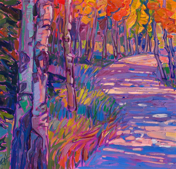 Southern Utah is famous for its stunning aspen color, and my favorite place to view the fiery hues of autumn is Cedar Breaks National Monument, near Zion National Park. This painting captures a hiking trail through the aspen groves, sparkling coins of gold and orange everywhere around you. Thick brush strokes of impasto oil paint cover the canvas in a mosaic of color and texture.</p><p>"Coins of Gold" is an original oil painting on gallery-depth stretched canvas. The piece arrives framed in a custom floater frame finished in dark pebbled sides and 23kt gold leaf face.