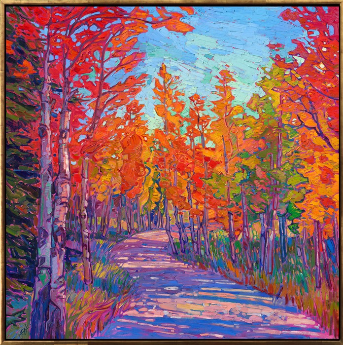 Southern Utah is famous for its stunning aspen color, and my favorite place to view the fiery hues of autumn is Cedar Breaks National Monument, near Zion National Park. This painting captures a hiking trail through the aspen groves, sparkling coins of gold and orange everywhere around you. Thick brush strokes of impasto oil paint cover the canvas in a mosaic of color and texture.</p><p>"Coins of Gold" is an original oil painting on gallery-depth stretched canvas. The piece arrives framed in a custom floater frame finished in dark pebbled sides and 23kt gold leaf face.