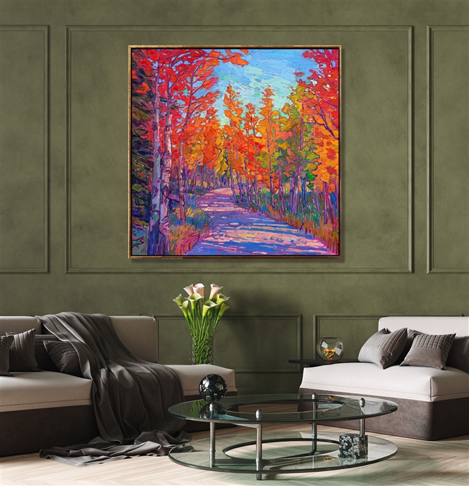 Southern Utah is famous for its stunning aspen color, and my favorite place to view the fiery hues of autumn is Cedar Breaks National Monument, near Zion National Park. This painting captures a hiking trail through the aspen groves, sparkling coins of gold and orange everywhere around you. Thick brush strokes of impasto oil paint cover the canvas in a mosaic of color and texture.</p><p>"Coins of Gold" is an original oil painting on gallery-depth stretched canvas. The piece arrives framed in a custom floater frame finished in dark pebbled sides and 23kt gold leaf face.