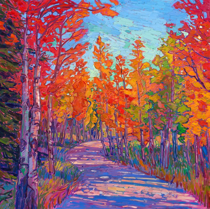 Southern Utah is famous for its stunning aspen color, and my favorite place to view the fiery hues of autumn is Cedar Breaks National Monument, near Zion National Park. This painting captures a hiking trail through the aspen groves, sparkling coins of gold and orange everywhere around you. Thick brush strokes of impasto oil paint cover the canvas in a mosaic of color and texture.</p><p>"Coins of Gold" is an original oil painting on gallery-depth stretched canvas. The piece arrives framed in a custom floater frame finished in dark pebbled sides and 23kt gold leaf face.