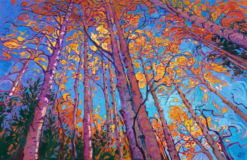 Standing beneath this grove of aspen trees, listening to the wind rushing through the coin-shaped leaves, watching the sunlight reflecting from the glittering leaves, it was impossible not to paint this scene. I wanted to capture here all the beauty and sense of freedom one feels hiking among the aspens in the fall.</p><p>"Coins of Light" was created on 1-1/2" canvas. The painting arrives framed in a contemporary gold floater frame.