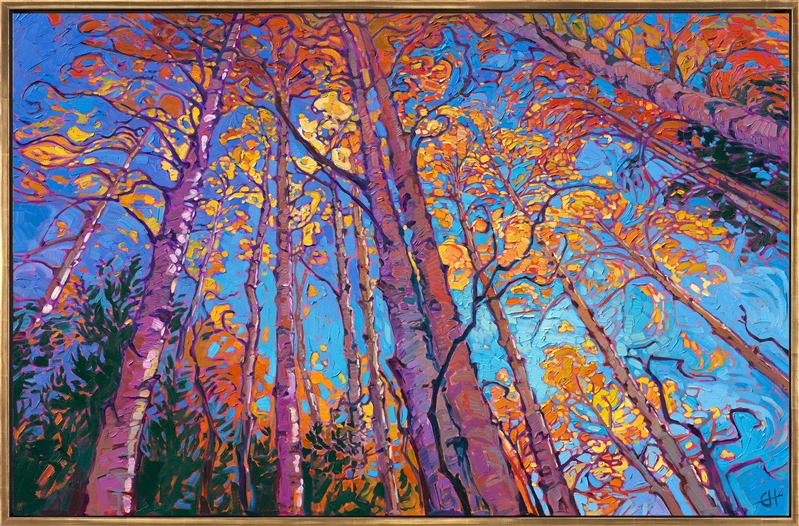 Standing beneath this grove of aspen trees, listening to the wind rushing through the coin-shaped leaves, watching the sunlight reflecting from the glittering leaves, it was impossible not to paint this scene. I wanted to capture here all the beauty and sense of freedom one feels hiking among the aspens in the fall.</p><p>"Coins of Light" was created on 1-1/2" canvas. The painting arrives framed in a contemporary gold floater frame.