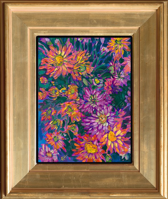 A medley of colorful petals swirls together in this painting of wildflower blooms. The brush strokes are thick and impressionistic, alive with color and motion.</p><p>"Color Blooms" is an original oil painting on linen board. The piece arrives framed in a wide, custom frame designed to set off the colors in the piece.</p><p>This painting will be displayed at Erin Hanson's annual <a href="https://www.erinhanson.com/Event/ErinHansonSmallWorks2022" target=_"blank"><i>Petite Show</a></i> on November 19th, 2022, at The Erin Hanson Gallery in McMinnville, OR.