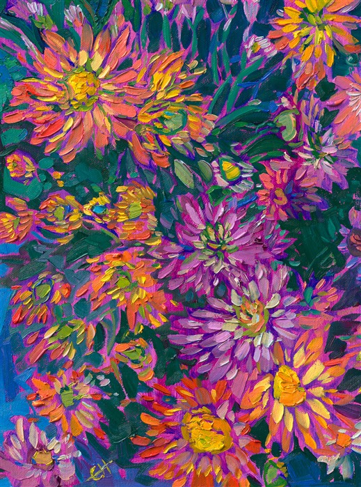 A medley of colorful petals swirls together in this painting of wildflower blooms. The brush strokes are thick and impressionistic, alive with color and motion.</p><p>"Color Blooms" is an original oil painting on linen board. The piece arrives framed in a wide, custom frame designed to set off the colors in the piece.</p><p>This painting will be displayed at Erin Hanson's annual <a href="https://www.erinhanson.com/Event/ErinHansonSmallWorks2022" target=_"blank"><i>Petite Show</a></i> on November 19th, 2022, at The Erin Hanson Gallery in McMinnville, OR.