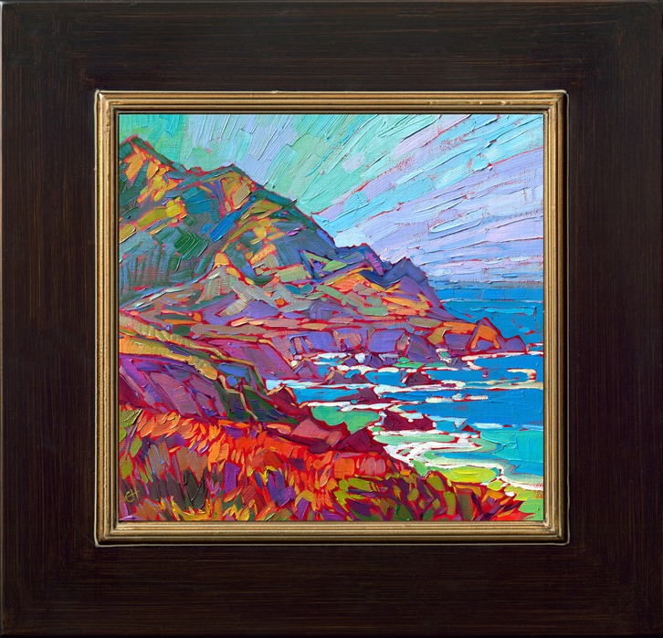 Vibrant hues of rainbow colors dance along the California coastline, after the morning fog rises and the sunshine bathes the landscape in warm, brilliant color.</p><p>"Color Expression" was created on fine linen board. The piece arrives framed in a plein air frame, ready to hang.