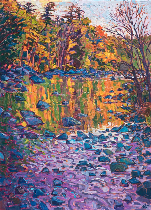 The still waters of a stream catch the autumn reflections like a mirror, glimmering with hues of copper and green.  A lavender sky above gives a hint of the winter to come, and this painting captures the magical moment of color before the frost.

This painting was done on 1-1/2" canvas, with the painting continued around the edges of the canvas, and it has been framed in a custom, gold-leaf floater frame. The painting arrives ready to hang.