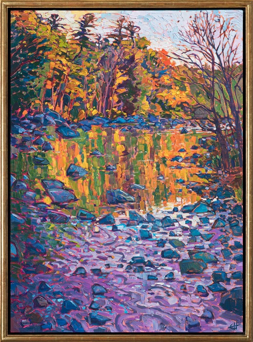 The still waters of a stream catch the autumn reflections like a mirror, glimmering with hues of copper and green.  A lavender sky above gives a hint of the winter to come, and this painting captures the magical moment of color before the frost.</p><p>This painting was done on 1-1/2" canvas, with the painting continued around the edges of the canvas, and it has been framed in a custom, gold-leaf floater frame. The painting arrives ready to hang.