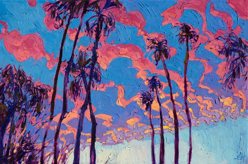 Sunset colors are unexpectedly brilliant in the clear atmosphere of California's high desert.  These Coachella Valley palms stretch into a sky filled with brilliant hues of magenta and sherbet.</p><p>This painting was created on museum-depth canvas, with the painting continued around the edges of the stretched canvas. It arrives ready to hang without a frame. (Please contact the artist if you would like information on framing options for this painting.)