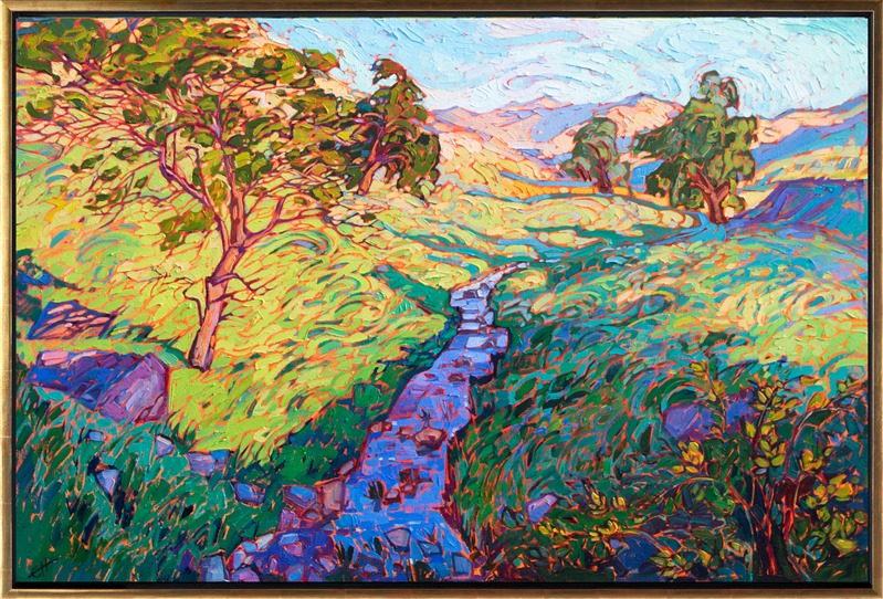 Curving waves of grass ripple up the hillsides in this painting of northern California wine country. The oak trees stand dark against the apple green spring grass. Each brush stroke is vivid and impressionistic, capturing the feeling of being out of doors.</p><p>"Color Waves" was created on 1-1/2" canvas, with the painting continued around the edges. The painting arrives framed in a 23kt gold floater frame.</p><p><a href="https://www.erinhanson.com/Testimonials" target="_blank">Read feedback</a> from Erin Hanson's collectors.