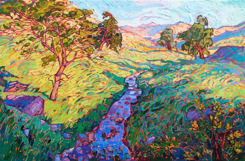 Curving waves of grass ripple up the hillsides in this painting of northern California wine country. The oak trees stand dark against the apple green spring grass. Each brush stroke is vivid and impressionistic, capturing the feeling of being out of doors.</p><p>"Color Waves" was created on 1-1/2" canvas, with the painting continued around the edges. The painting arrives framed in a 23kt gold floater frame.</p><p><a href="https://www.erinhanson.com/Testimonials" target="_blank">Read feedback</a> from Erin Hanson's collectors.