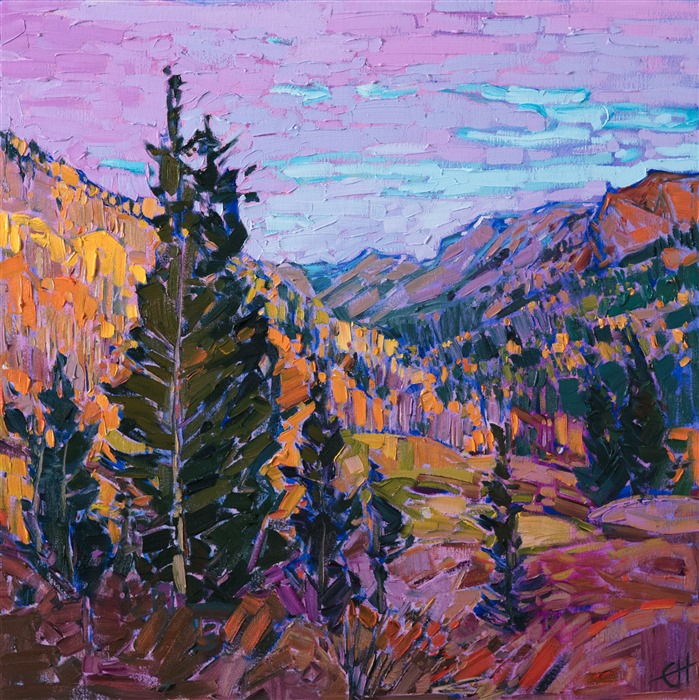 Colorado is the mecca of fall colors - gorgeous hues of gold and orange blanket the mountainsides during the narrow fall season. This painting captures the feeling of standing outside and experiencing the wide open spaces and the cool, crisp autumn air.</p><p>This painting was done on 1-1/2" canvas, and it arrives framed in a custom gold floater frame.