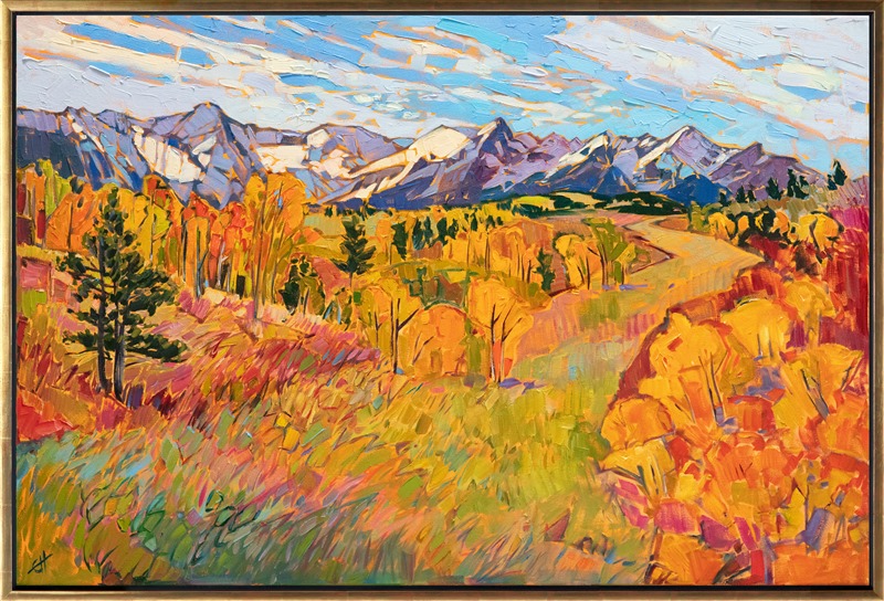 Driving high in the Colorado Rockies in search of autumnal leaves, I saw this vista spreading before me, awash in all the colors of autumn. I used wide, expressive brush strokes to capture the feeling of being out in the open air, surrounded by vibrant, vivid color.</p><p>"Colorado Heights" was created on 1-1/2" canvas, with the painting continued around the edges. The painting arrives framed in a gold floater frame, ready to hang.