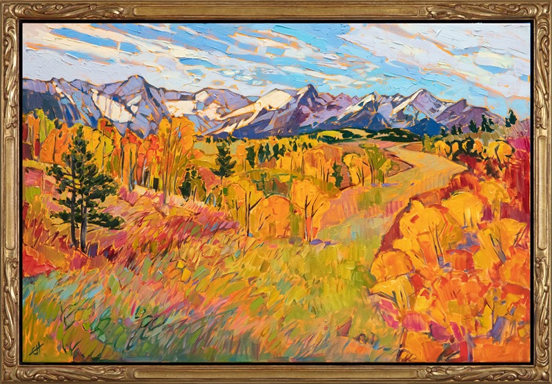 Driving high in the Colorado Rockies in search of autumnal leaves, I saw this vista spreading before me, awash in all the colors of autumn. I used wide, expressive brush strokes to capture the feeling of being out in the open air, surrounded by vibrant, vivid color.</p><p>"Colorado Heights" was created on 1-1/2" canvas, with the painting continued around the edges. The painting arrives framed in a gold floater frame, ready to hang.