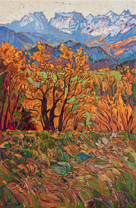 Brightly colored cottonwood trees dance along the foothills of the distant Colorado Rockies. The abstracted landscape captures the brilliant color and emotion of autumn. </p><p>This painting was created on 1-1/2" canvas, with the painting continued around edges. It will arrive framed in a custom-made, gold floater frame.