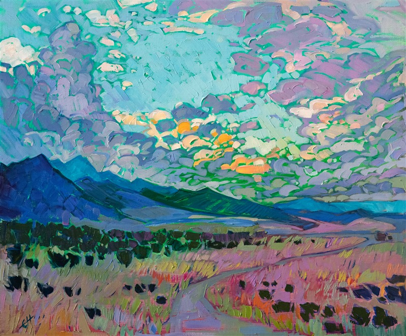Summer in the Colorado Rockies finds the mountains dark green and lush with vegetation. This painting captures the parting of rain clouds, while the sunlight illuminates the clouds with vivid colors.</p><p>"Colorado Sky" was created on fine linen board. The painting arrives framed in a hand-carved and gilded plein air frame.