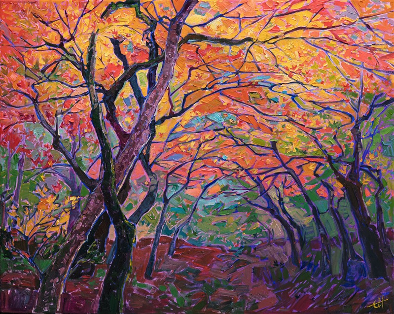 Abstract colors of autumn cut between the branches of the overhanging maple trees, creating a mosaic of texture across the canvas. The impasto brush strokes are loose and impressionistic, capturing the emotional experience of seeing autumn colors in person.</p><p>This painting was created on 1-1/2" canvas, with the painting continued around the edges. It has been framed in a custom gold floater frame and arrives ready to hang.