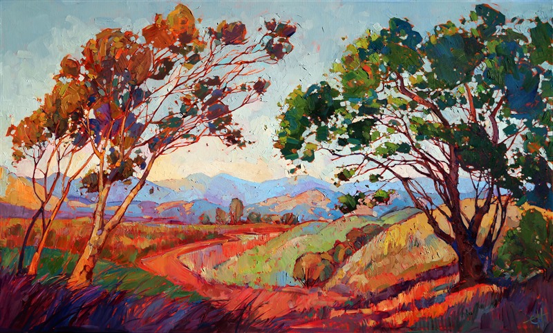 Afternoon colors of California are captured in bold impasto brush strokes. This colorful painting will be hung in the Children's wing of a new Orange County Kaiser hospital building.