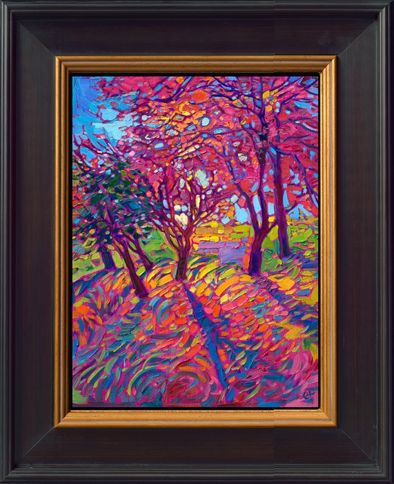 Oregon's Willamette Valley is beautiful in the autumn -- bright reds, oranges, and golden yellows decorate the landscape everywhere you look. This painting was inspired by the late afternoon light peeking through some trees on my property.</p><p>"Colors of Fall" is an original oil painting on linen board. The piece arrives framed in a black and gold plein air frame, ready to hang.</p><p>This piece will be displayed in Erin Hanson's annual <i><a href="https://www.erinhanson.com/Event/petiteshow2023">Petite Show</i></a> in McMinnville, Oregon. This painting is available for purchase now, and the piece will ship after the show on November 11, 2023. 