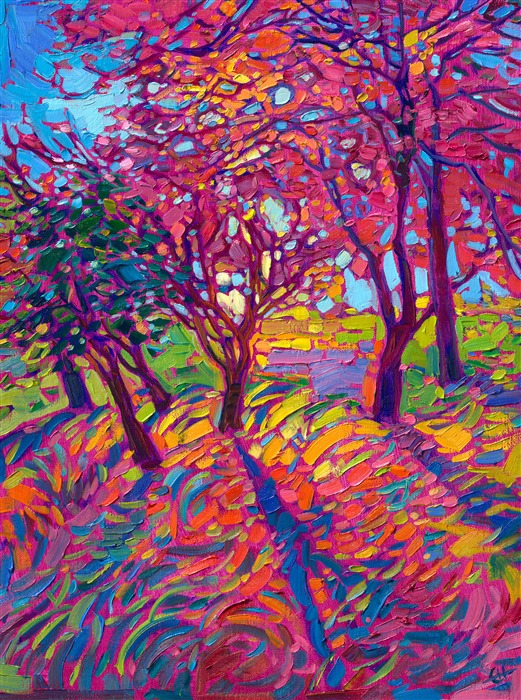 Oregon's Willamette Valley is beautiful in the autumn -- bright reds, oranges, and golden yellows decorate the landscape everywhere you look. This painting was inspired by the late afternoon light peeking through some trees on my property.</p><p>"Colors of Fall" is an original oil painting on linen board. The piece arrives framed in a black and gold plein air frame, ready to hang.</p><p>This piece will be displayed in Erin Hanson's annual <i><a href="https://www.erinhanson.com/Event/petiteshow2023">Petite Show</i></a> in McMinnville, Oregon. This painting is available for purchase now, and the piece will ship after the show on November 11, 2023. 