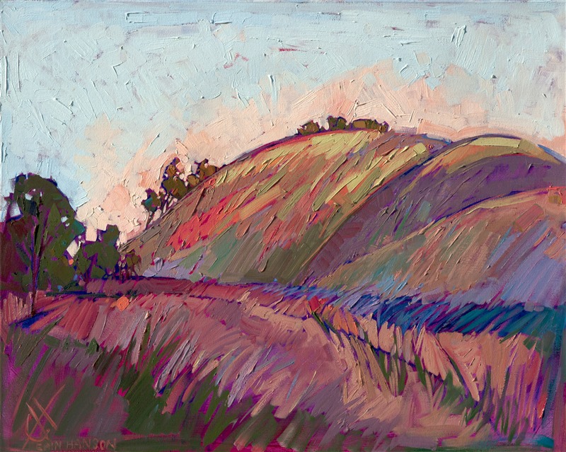 About the Painting:
This painting of Paso Robles demonstrates the artist's use of long brush strokes, laid side by side, to capture the feeling of movement in the outdoors. The hills of Paso Robles are constantly rippling as the coastal winds roam through the long grasses.

This painting was included in the exhibition <i><a href="https://www.erinhanson.com/Event/ContemporaryImpressionismatGoddardCenter" target="_blank">Open Impressionism: The Works of Erin Hanson</i></a>, a 10-year retrospective and study of the development of Open Impressionism at The Goddard Center in Ardmore, OK. 2017. 

Please note: This piece is included in the show <I>Erin Hanson: Color on the Vine </i> at the Bone Creek Museum of Agrarian Art in Nebraska. 2023.

