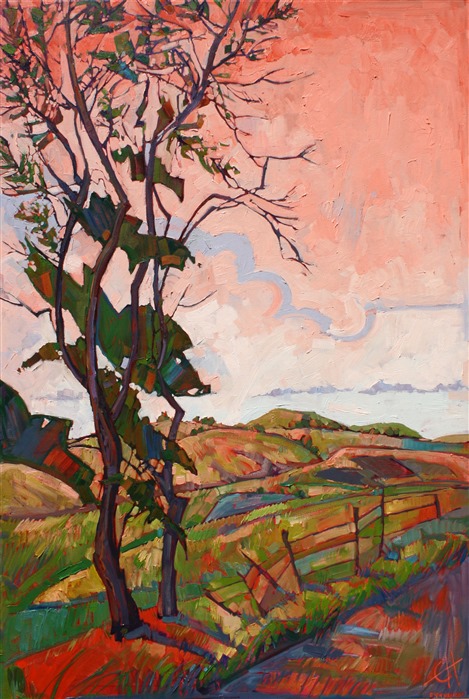 This whimsical painting communicates the beautiful pink and salmon colors that dance across Paso Robles during a sunset.
