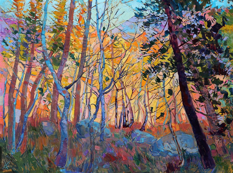 This painting was inspired by a November, snow-dusted backpacking trip in the eastern Sierras.  As the last rays of sun closed over the landscape, the wintered birch trees turned the color of crystal flame.  We camped that night between the pines and granite boulders on the canyon floor.</p><p>This original oil painting was created over an application of 24 karat gold leaf. The genuine gold glints through the layers of oil paint, catching the light in a subtle and surprising manner, and bringing the oil painting to life like never before.</p><p>The painting was created on 3/4" canvas and comes framed in a gilded, 5"-deep, museum-quality frame. The second photograph above shows the painting under gallery lighting in the frame that is included with this piece.