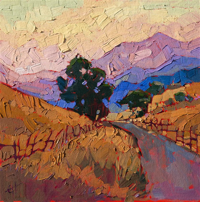 Layers of sunset color fade into blues and lavenders in the distant hills.  The thick brush strokes add a deeper dimension to the painting.</p><p>This small oil painting arrives framed and ready to hang.