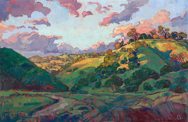 The rolling hills of eastern Paso Robles glow with pale greens and buttery yellow in the early morning light. The oak trees speckle the sides of the hills, and the winding road draws you into the picture. The brush strokes are thick and expressive, capturing the movement and transient light of the scene.